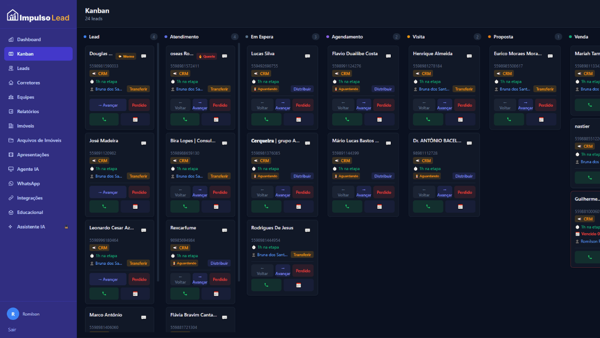 Kanban do ImpulsoLead mostrando os leads distribuídos entre as colunas do funil, dos corretores responsáveis